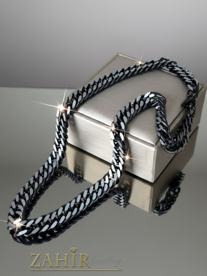 Масивен ланец от потъмнена медицинка стомана, плоска стегната панцер плетка със скосени краища, дълъг 57  см, широк 1,2 см - ML1777